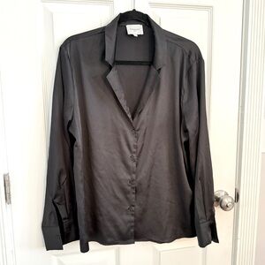 Women’s Black Satin Tuxedo Button Up Long Sleeve Blouse size large